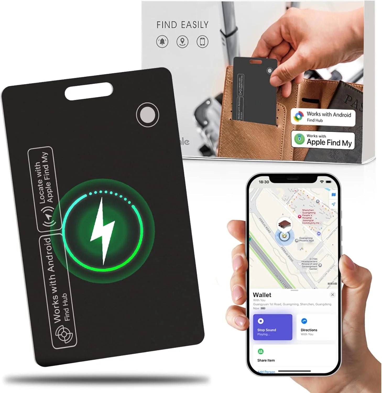 Traceo Card — Localise ton portefeuille instantanément | Rechargeable, étanche, compatible Google Find Hub